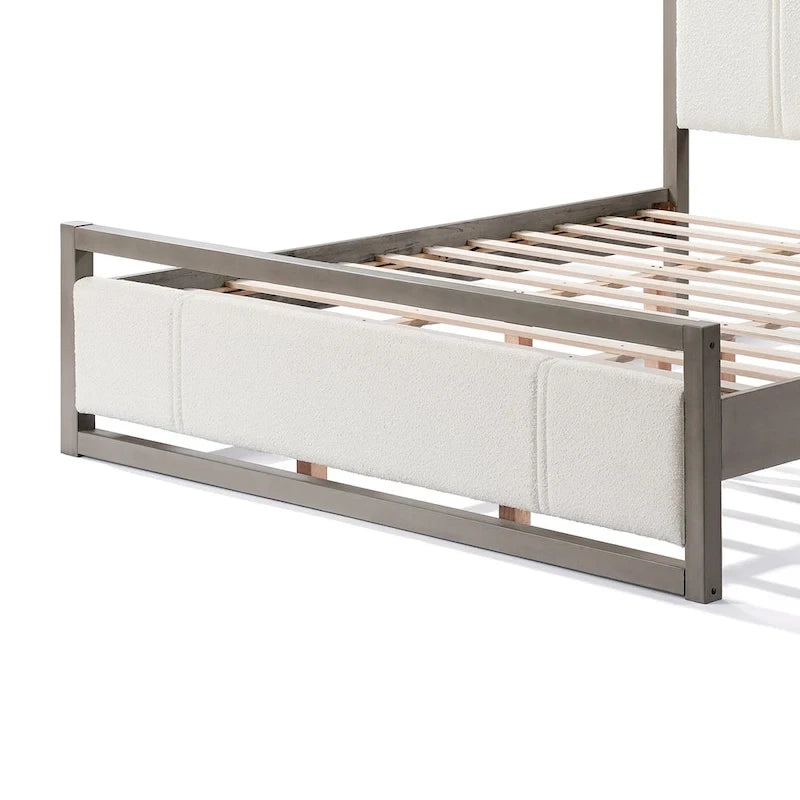 King-Size-Plattformbett mit Kopfteil aus elfenbeinfarbenem Bouclé-Stoff