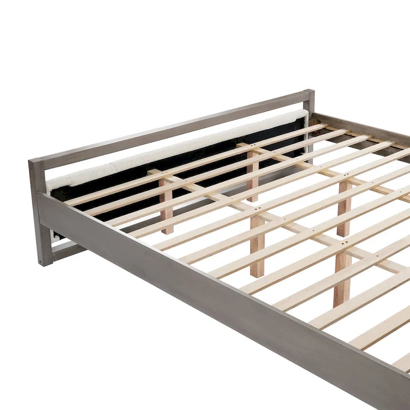 King-Size-Plattformbett mit Kopfteil aus elfenbeinfarbenem Bouclé-Stoff