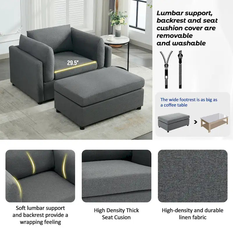 Roomfitters 50 Oversized Armchair with Ottoman, Modern Accent Chair, Lumbar Support, Reading Sofa for Bedroom