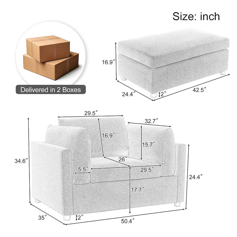Roomfitters 50 Oversized Armchair with Ottoman, Modern Accent Chair, Lumbar Support, Reading Sofa for Bedroom