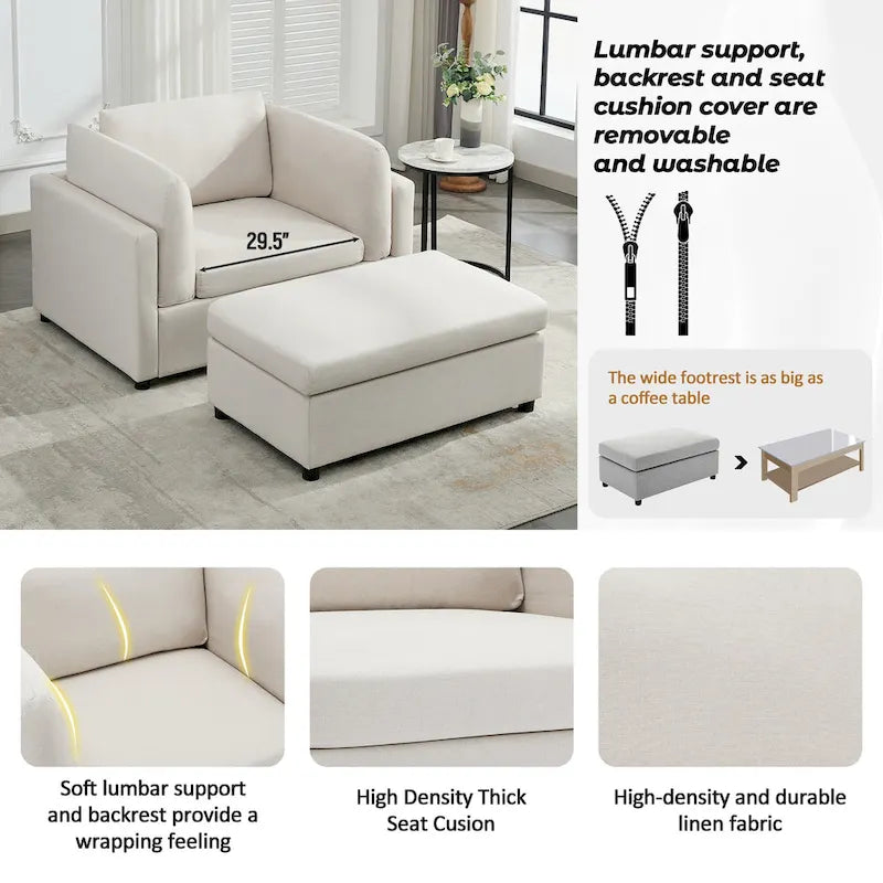 Roomfitters 50 Oversized Armchair with Ottoman, Modern Accent Chair, Lumbar Support, Reading Sofa for Bedroom