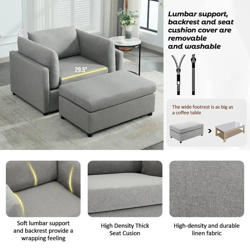 Roomfitters 50 Oversized Armchair with Ottoman, Modern Accent Chair, Lumbar Support, Reading Sofa for Bedroom