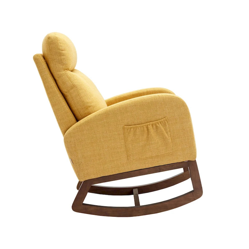 Moderner Gleitsessel, Relaxsessel mit Holzbeinen und Seitentasche, Schaukel-Akzentsessel mit hoher Rückenlehne fürs Kinderzimmer