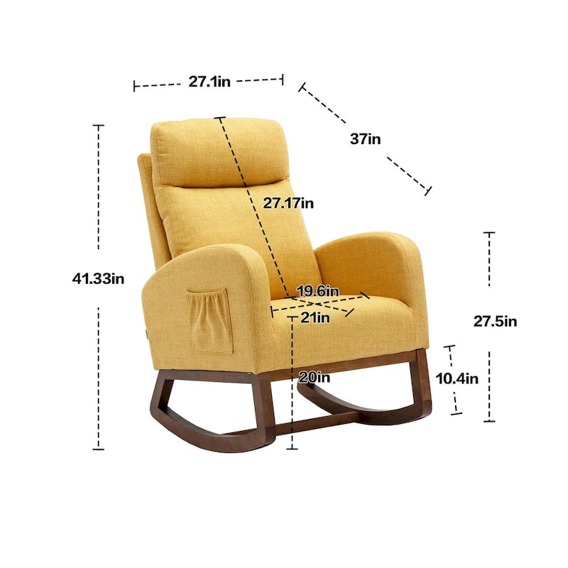 Moderner Gleitsessel, Relaxsessel mit Holzbeinen und Seitentasche, Schaukel-Akzentsessel mit hoher Rückenlehne fürs Kinderzimmer