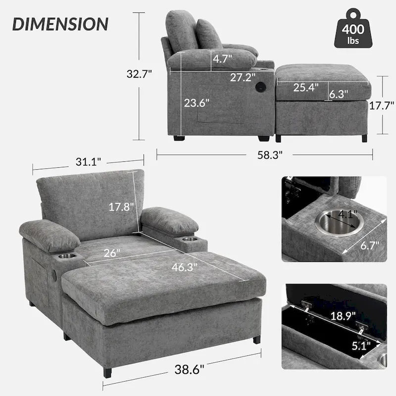 Chenille Oversized Chair with Ottoman & USB