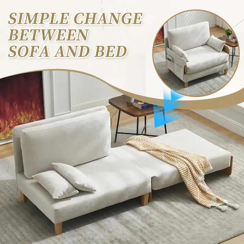 Chenille Upholstered Convertible Sleeper Recliner Foldable Chair Bed with 3 Pillows
