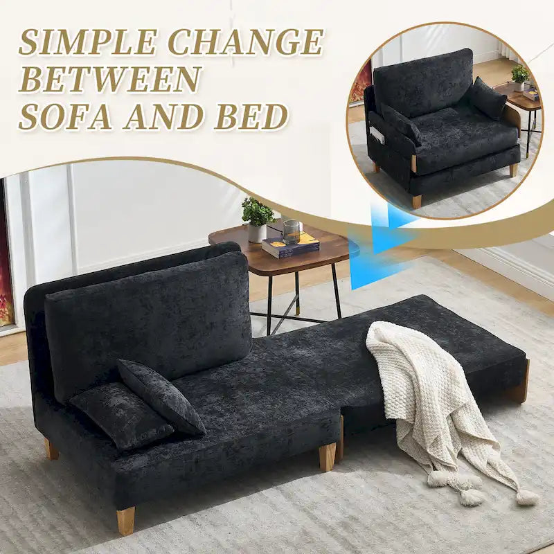 Chenille Upholstered Convertible Sleeper Recliner Foldable Chair Bed with 3 Pillows