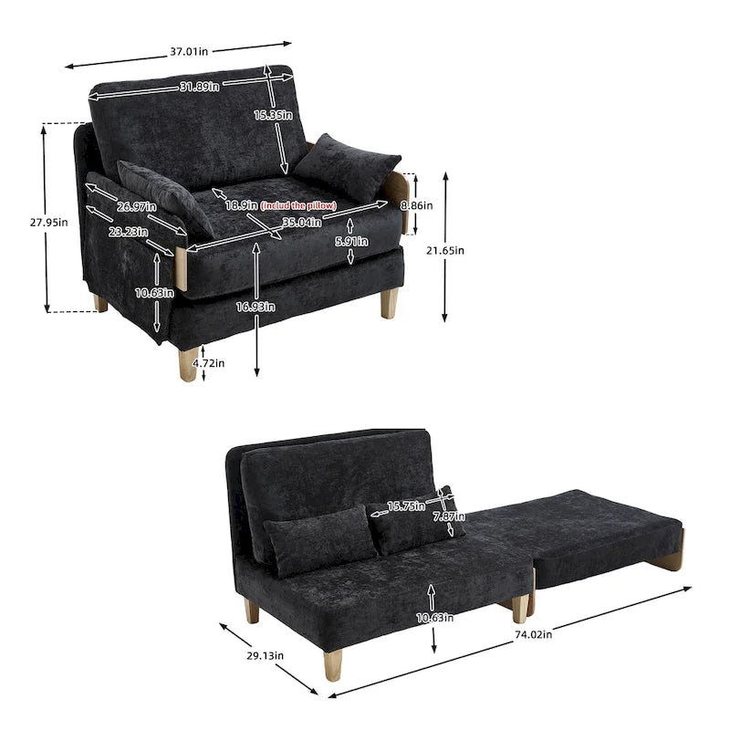 Chenille Upholstered Convertible Sleeper Recliner Foldable Chair Bed with 3 Pillows