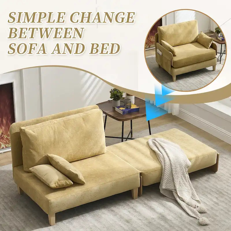 Chenille Upholstered Convertible Sleeper Recliner Foldable Chair Bed with 3 Pillows