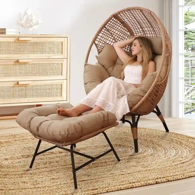 Sillón huevo para interiores FINCATI, sillón huevo para exteriores con capacidad de 440 lbs, sillón huevo extragrande con otomana, sillón huevo de lujo y acogedor con reposapiés