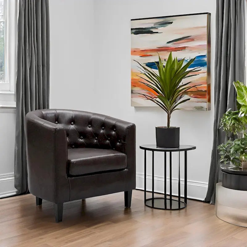 Akzentstuhl, Fassstuhl aus Kunstleder mit Knopfheftung, moderner Akzentstuhl im Mid-Century-Stil, bequemer Sessel, Fassstühle mit Wannenform