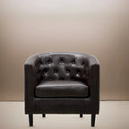 Akzentstuhl, Fassstuhl aus Kunstleder mit Knopfheftung, moderner Akzentstuhl im Mid-Century-Stil, bequemer Sessel, Fassstühle mit Wannenform