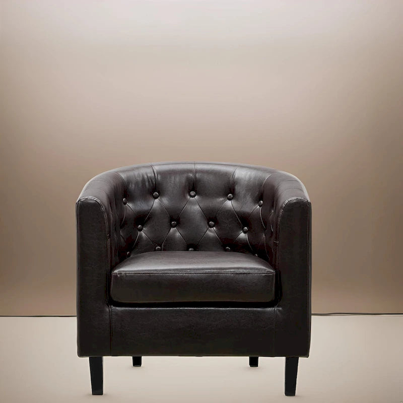 Akzentstuhl, Fassstuhl aus Kunstleder mit Knopfheftung, moderner Akzentstuhl im Mid-Century-Stil, bequemer Sessel, Fassstühle mit Wannenform
