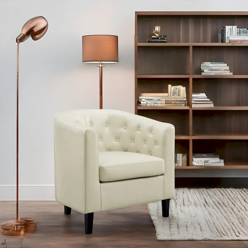 Akzentstuhl, Fassstuhl aus Kunstleder mit Knopfheftung, moderner Akzentstuhl im Mid-Century-Stil, bequemer Sessel, Fassstühle mit Wannenform