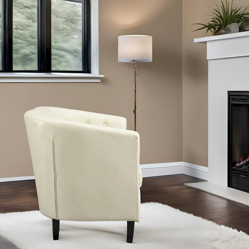 Akzentstuhl, Fassstuhl aus Kunstleder mit Knopfheftung, moderner Akzentstuhl im Mid-Century-Stil, bequemer Sessel, Fassstühle mit Wannenform