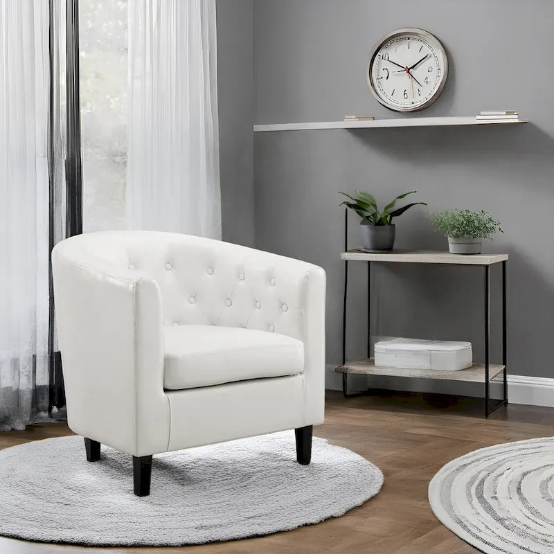 Akzentstuhl, Fassstuhl aus Kunstleder mit Knopfheftung, moderner Akzentstuhl im Mid-Century-Stil, bequemer Sessel, Fassstühle mit Wannenform
