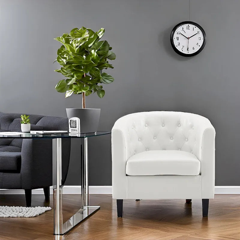 Akzentstuhl, Fassstuhl aus Kunstleder mit Knopfheftung, moderner Akzentstuhl im Mid-Century-Stil, bequemer Sessel, Fassstühle mit Wannenform