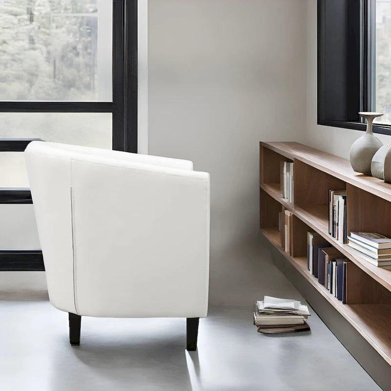 Akzentstuhl, Fassstuhl aus Kunstleder mit Knopfheftung, moderner Akzentstuhl im Mid-Century-Stil, bequemer Sessel, Fassstühle mit Wannenform