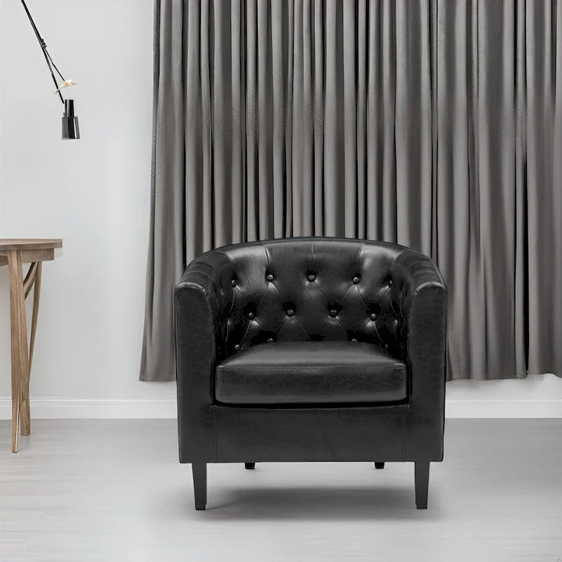 Akzentstuhl, Fassstuhl aus Kunstleder mit Knopfheftung, moderner Akzentstuhl im Mid-Century-Stil, bequemer Sessel, Fassstühle mit Wannenform