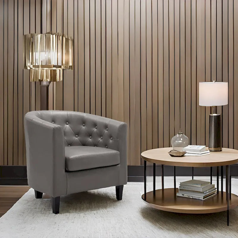 Akzentstuhl, Fassstuhl aus Kunstleder mit Knopfheftung, moderner Akzentstuhl im Mid-Century-Stil, bequemer Sessel, Fassstühle mit Wannenform