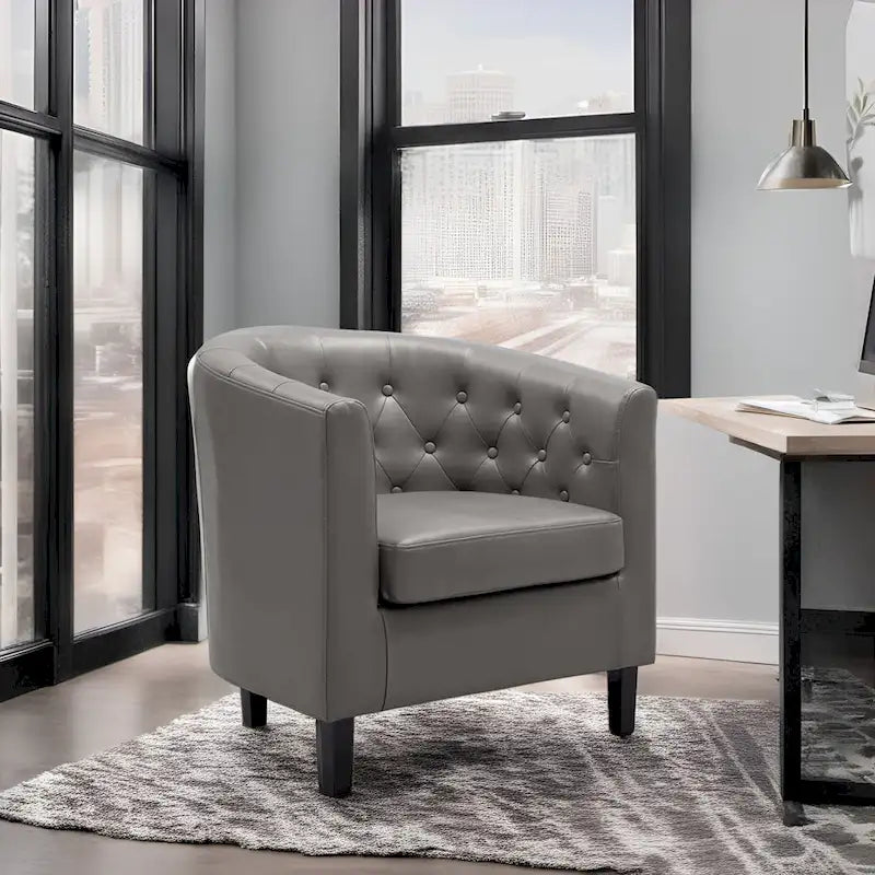 Akzentstuhl, Fassstuhl aus Kunstleder mit Knopfheftung, moderner Akzentstuhl im Mid-Century-Stil, bequemer Sessel, Fassstühle mit Wannenform
