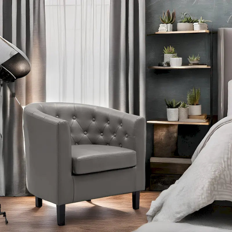 Akzentstuhl, Fassstuhl aus Kunstleder mit Knopfheftung, moderner Akzentstuhl im Mid-Century-Stil, bequemer Sessel, Fassstühle mit Wannenform