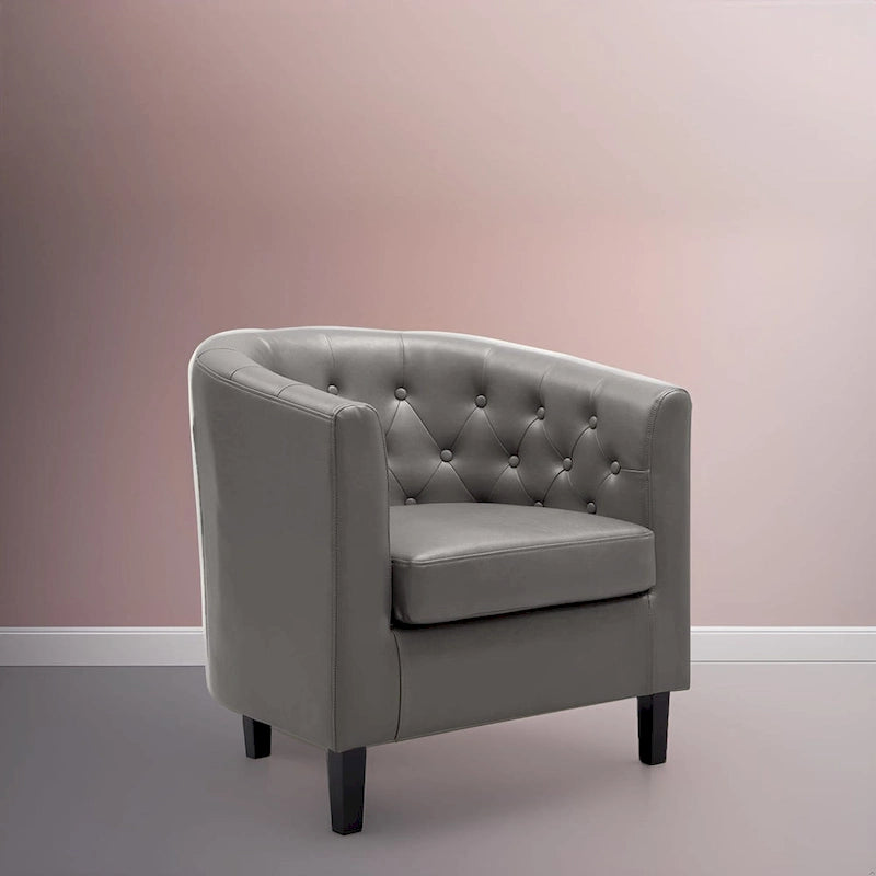 Akzentstuhl, Fassstuhl aus Kunstleder mit Knopfheftung, moderner Akzentstuhl im Mid-Century-Stil, bequemer Sessel, Fassstühle mit Wannenform