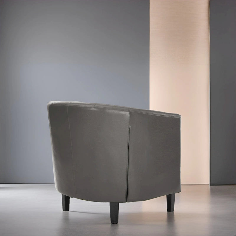 Akzentstuhl, Fassstuhl aus Kunstleder mit Knopfheftung, moderner Akzentstuhl im Mid-Century-Stil, bequemer Sessel, Fassstühle mit Wannenform