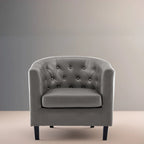 Akzentstuhl, Fassstuhl aus Kunstleder mit Knopfheftung, moderner Akzentstuhl im Mid-Century-Stil, bequemer Sessel, Fassstühle mit Wannenform