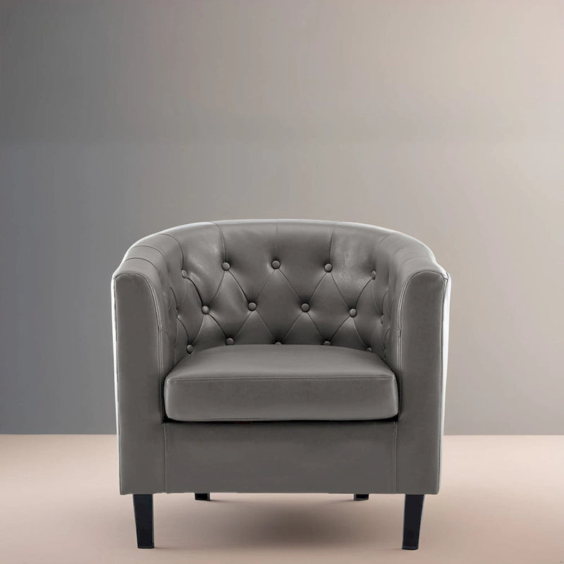 Akzentstuhl, Fassstuhl aus Kunstleder mit Knopfheftung, moderner Akzentstuhl im Mid-Century-Stil, bequemer Sessel, Fassstühle mit Wannenform