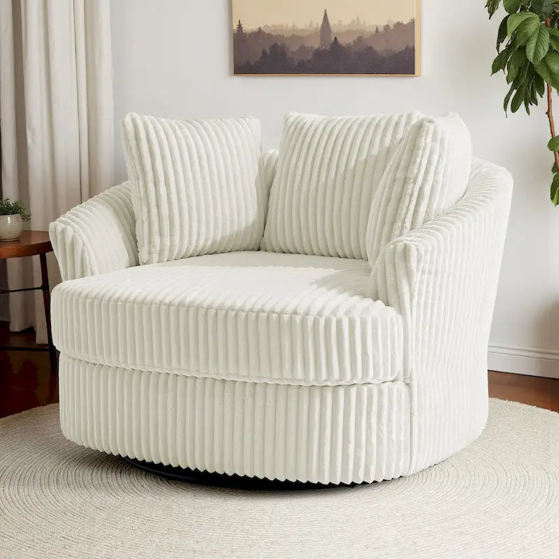 Oversized 43 W Plush Corduroy Recessed Arm Swivel Barrel Chair