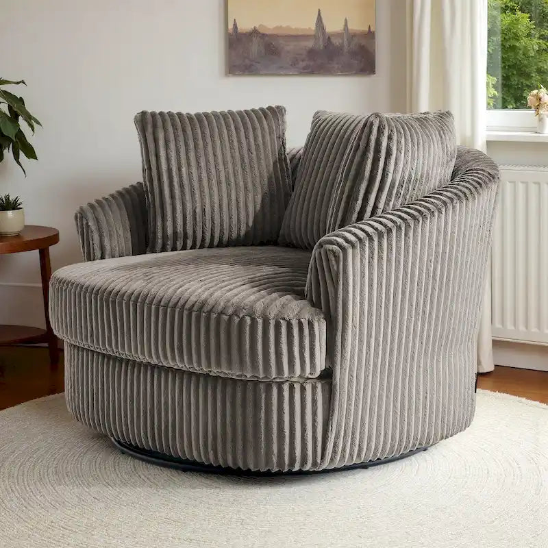 Oversized 43 W Plush Corduroy Recessed Arm Swivel Barrel Chair