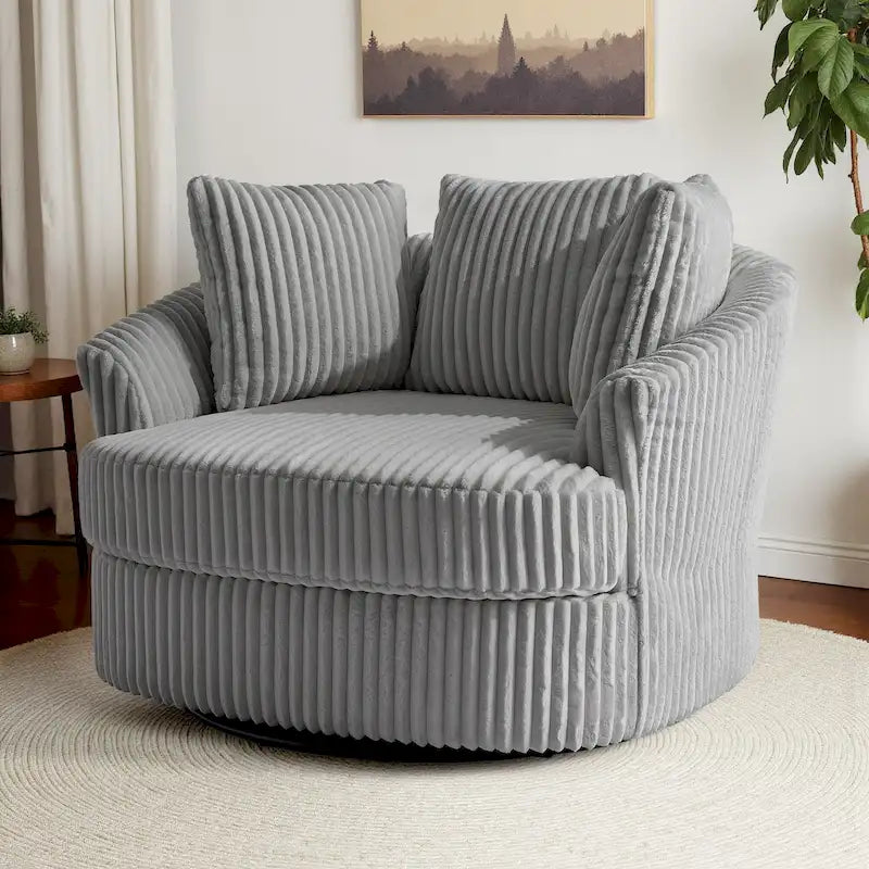 Oversized 43 W Plush Corduroy Recessed Arm Swivel Barrel Chair