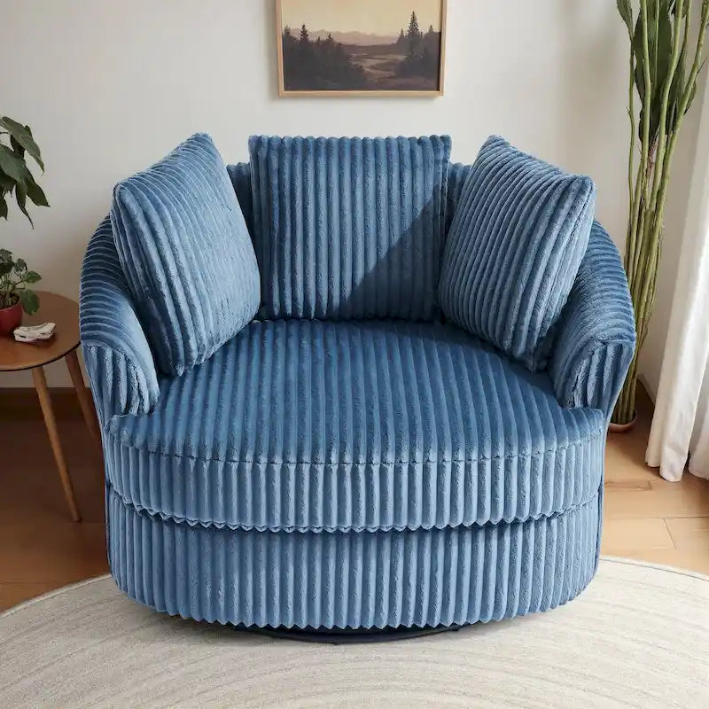 Oversized 43 W Plush Corduroy Recessed Arm Swivel Barrel Chair