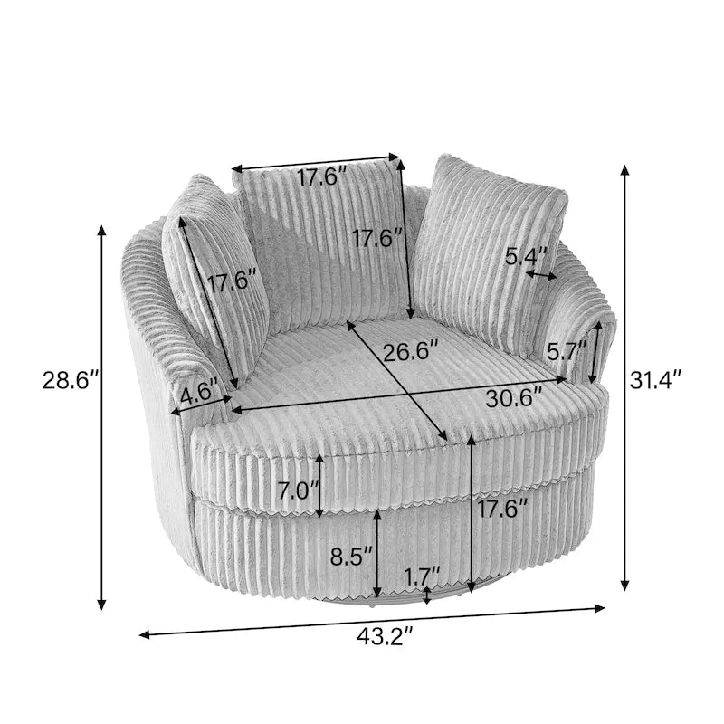 Oversized 43 W Plush Corduroy Recessed Arm Swivel Barrel Chair
