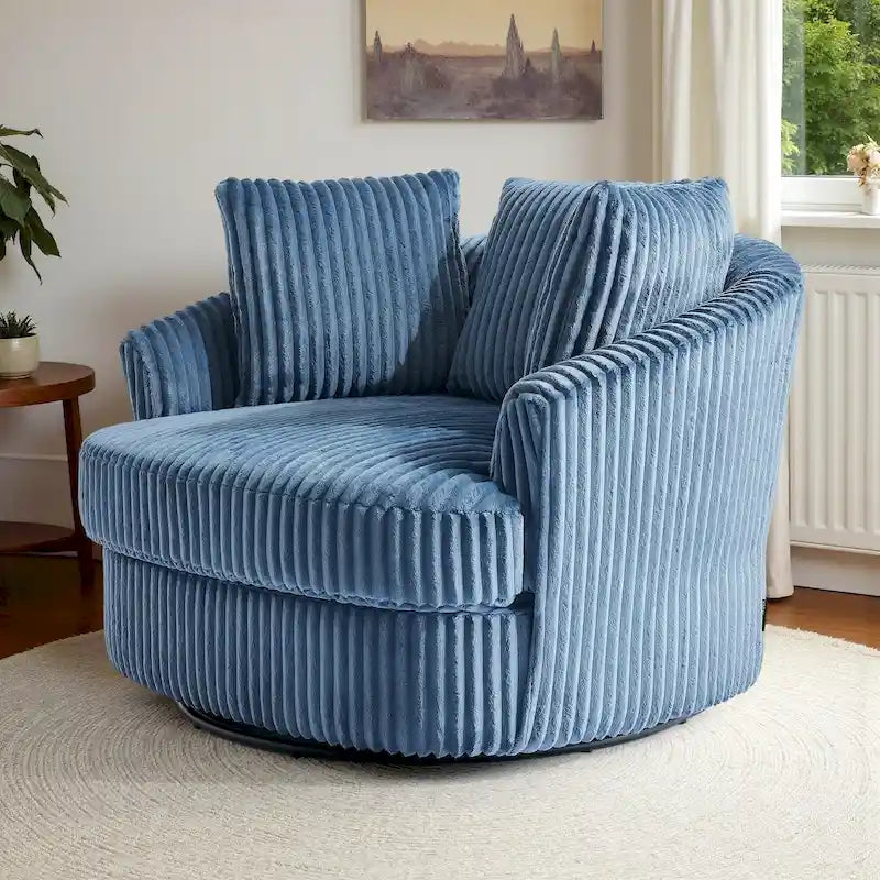 Oversized 43 W Plush Corduroy Recessed Arm Swivel Barrel Chair