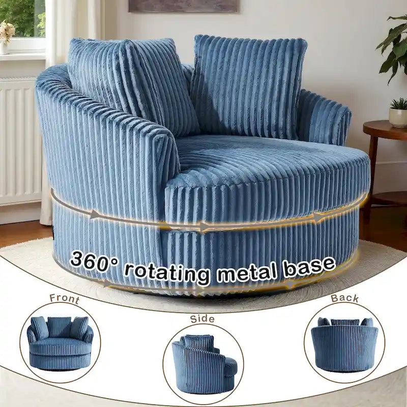 Oversized 43 W Plush Corduroy Recessed Arm Swivel Barrel Chair