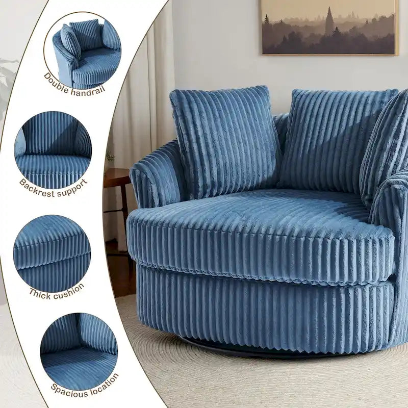 Oversized 43 W Plush Corduroy Recessed Arm Swivel Barrel Chair