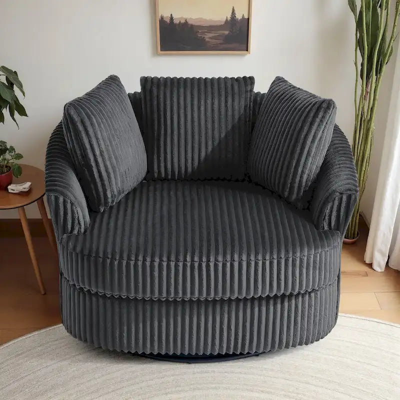 Oversized 43 W Plush Corduroy Recessed Arm Swivel Barrel Chair