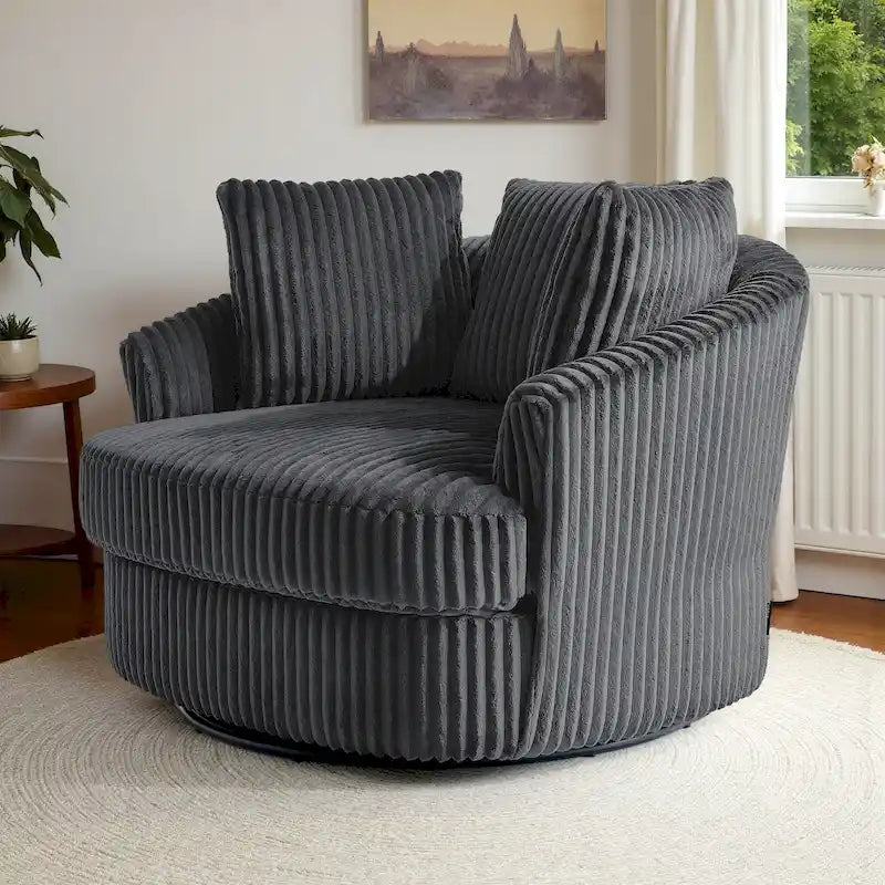 Oversized 43 W Plush Corduroy Recessed Arm Swivel Barrel Chair