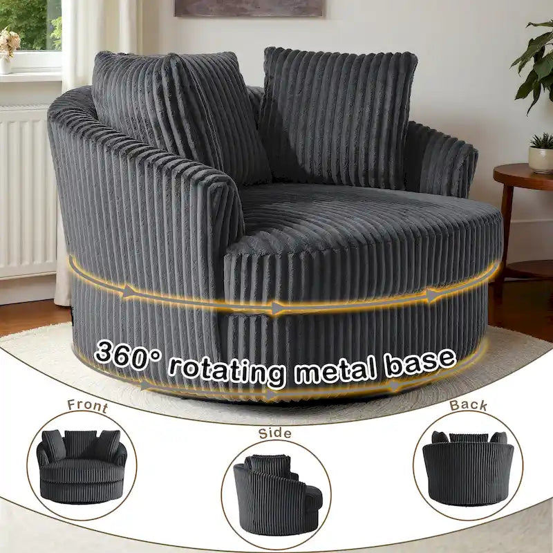 Oversized 43 W Plush Corduroy Recessed Arm Swivel Barrel Chair