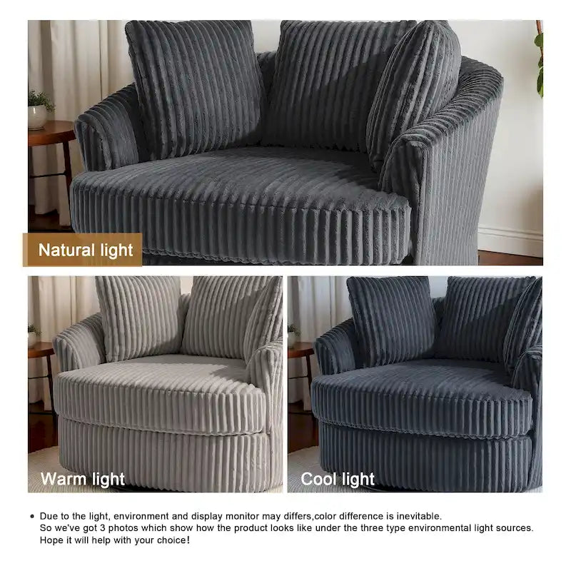 Oversized 43 W Plush Corduroy Recessed Arm Swivel Barrel Chair
