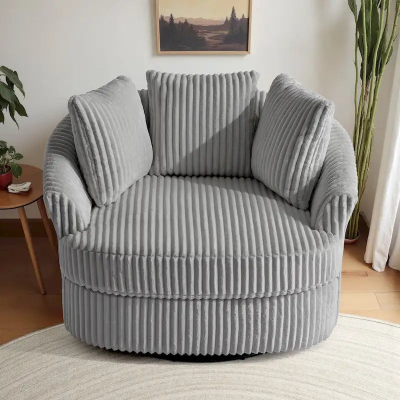 Oversized 43 W Plush Corduroy Recessed Arm Swivel Barrel Chair