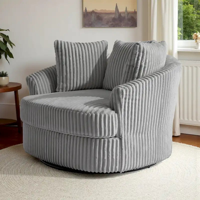 Oversized 43 W Plush Corduroy Recessed Arm Swivel Barrel Chair