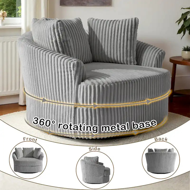 Oversized 43 W Plush Corduroy Recessed Arm Swivel Barrel Chair