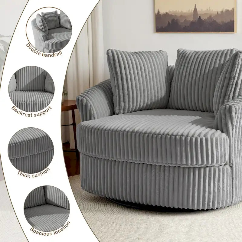 Oversized 43 W Plush Corduroy Recessed Arm Swivel Barrel Chair