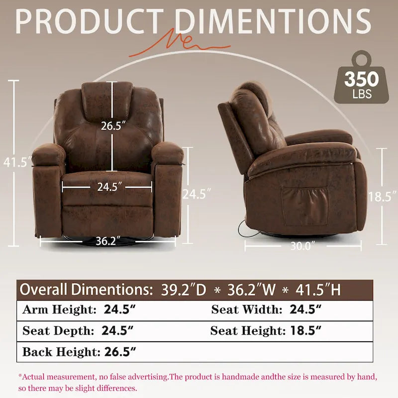Oversize Swivel Recliner Sofa Chair with Cup Holder and Side Pocket