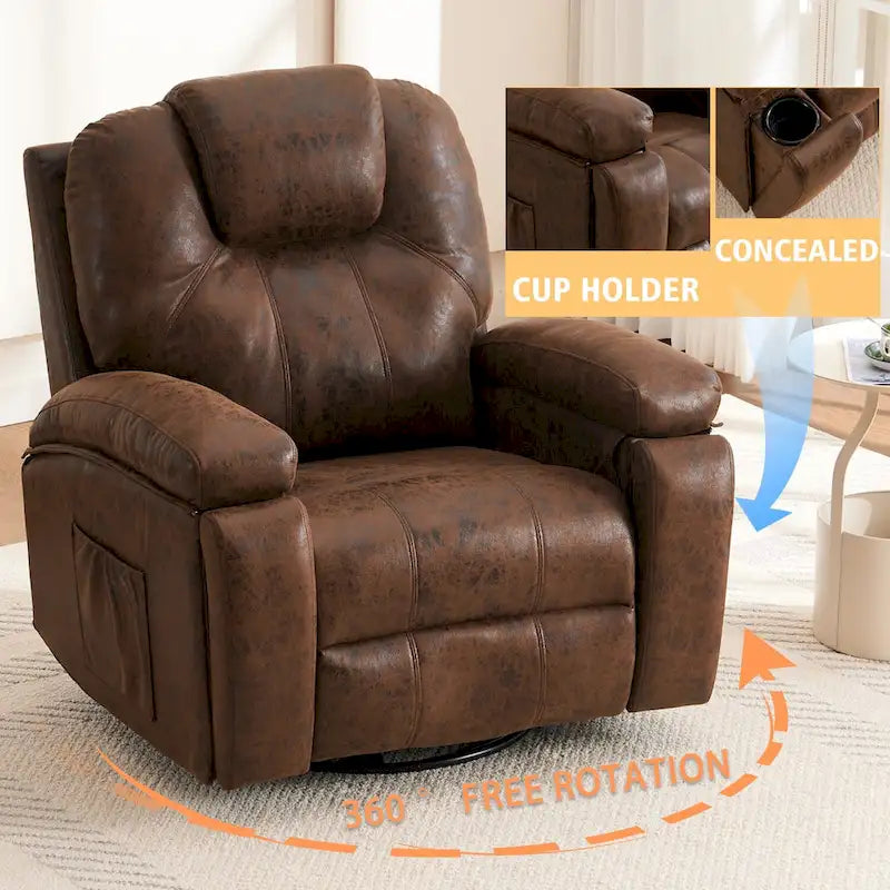 Oversize Swivel Recliner Sofa Chair with Cup Holder and Side Pocket