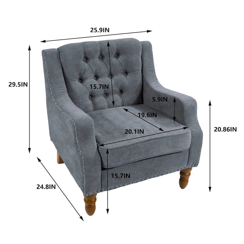Linen Upholstered Accent Chair with Solid Wood Legs,Mid-Century Modern Single Lounge Sofa Chair for Living Room and Bedroom