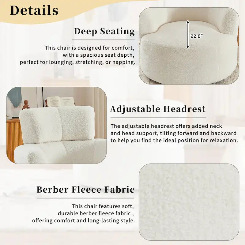Polyester Barrel Swivel Chair with 360 Rotation, and Adjustable Headrest & Berber Fleece Upholstery - 320lb Capacity